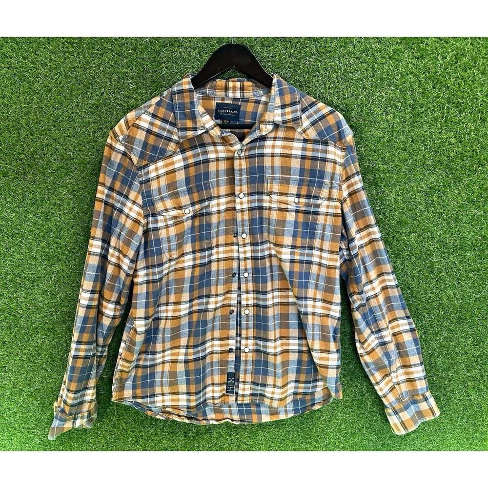 Lucky Brand Plaid Long Sleeve Button-Up Point Collar Men's M Blue/Brown/White